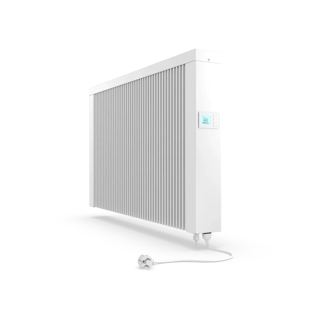 Bílý nástěnný elektrický akumulační radiátor TECHNOTHERM Dynamo S 1000 s příkonem 1 kW