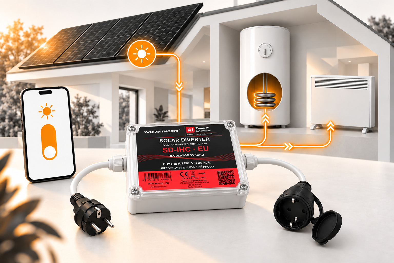 WodaTherm™ SD-IHC — ilustrace použití s FVE, bojlerem a elektrickým topením